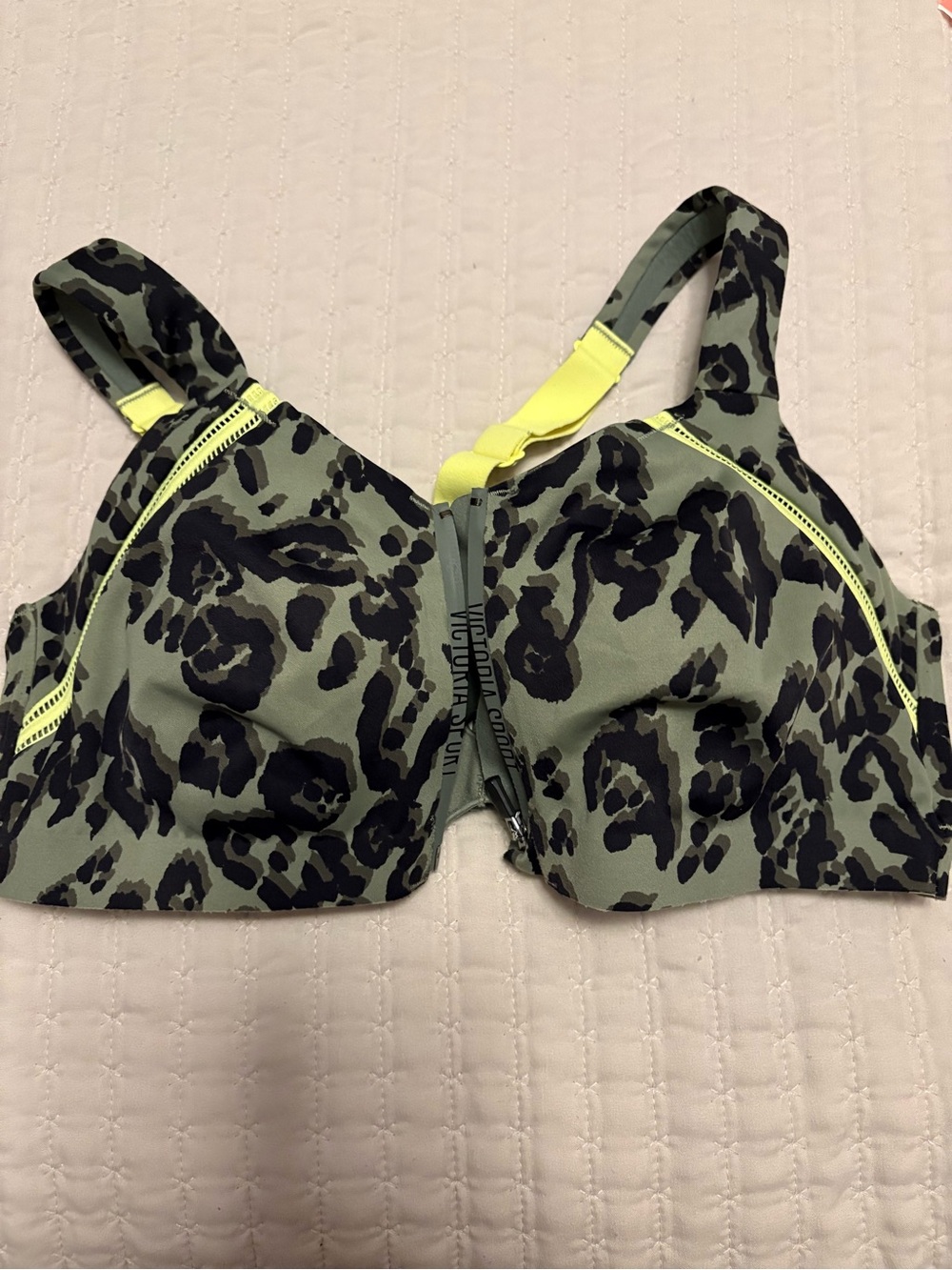 Victoria's Secret Olive Leopard Sports Bra with Neon Yellow Accents